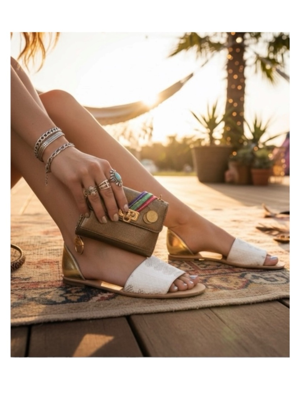 new Loeffler Randall ❁ Sawyer Snakeskin Flat Leather Sandals ❁ Gold Metallic 9.5